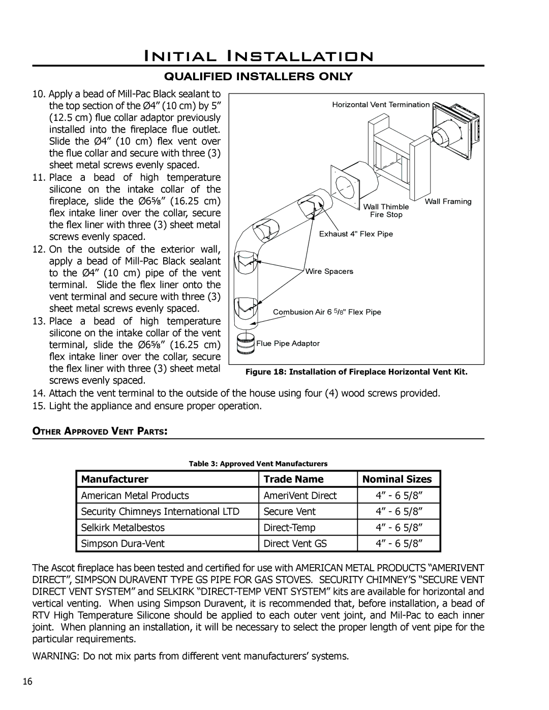 Enviro VENTED GAS FIREPLACE HEATER Manufacturer Trade Name Nominal Sizes, Installation of Fireplace Horizontal Vent Kit 