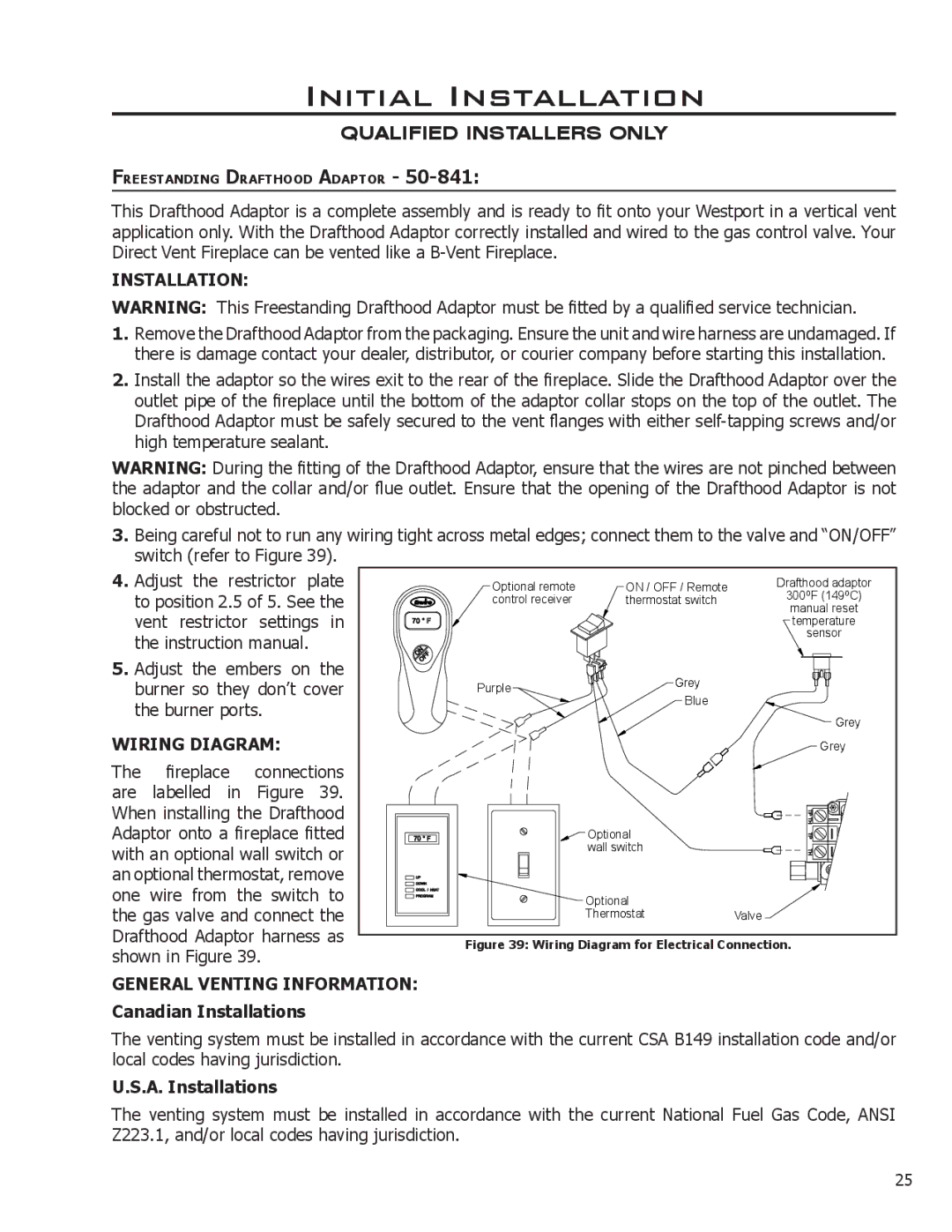 Enviro VENTED GAS FIREPLACE HEATER owner manual Wiring Diagram, General Venting Information, Canadian Installations 