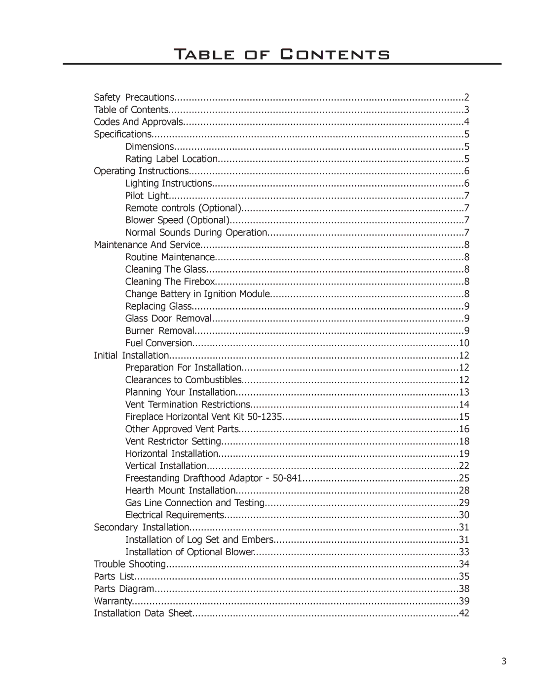 Enviro VENTED GAS FIREPLACE HEATER owner manual Table of Contents 