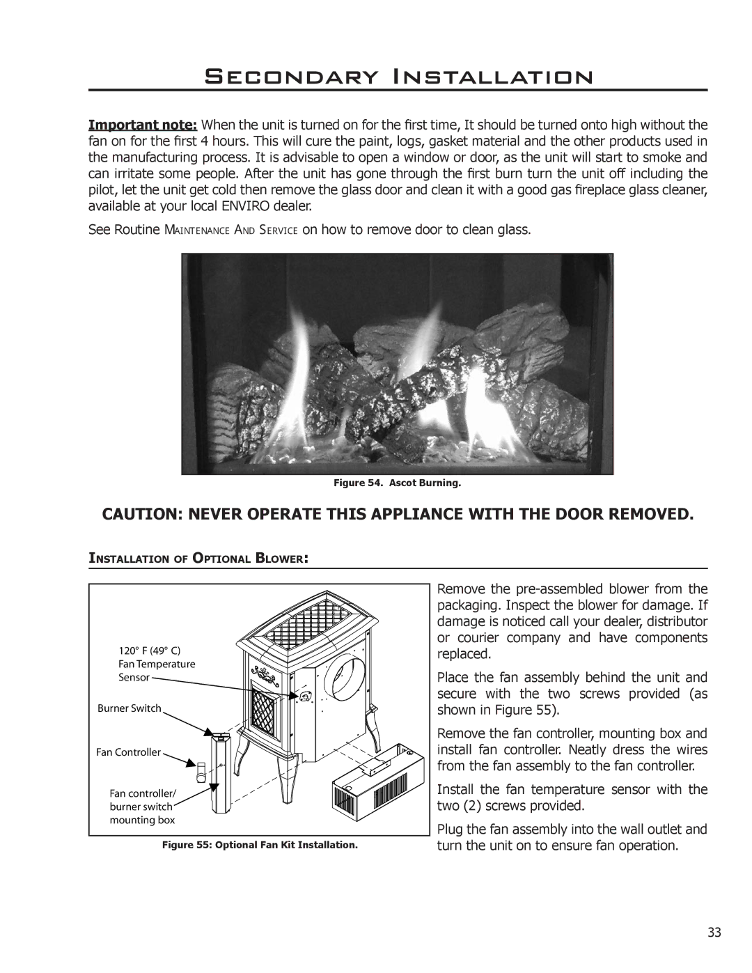 Enviro VENTED GAS FIREPLACE HEATER owner manual Installation of Optional Blower 