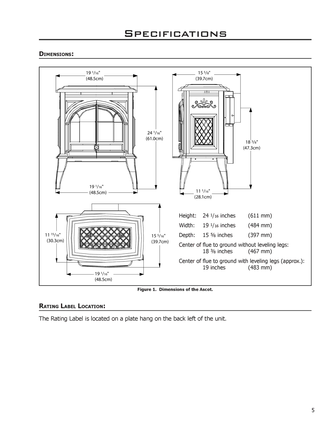 Enviro VENTED GAS FIREPLACE HEATER owner manual Specifications, Dimensions of the Ascot 