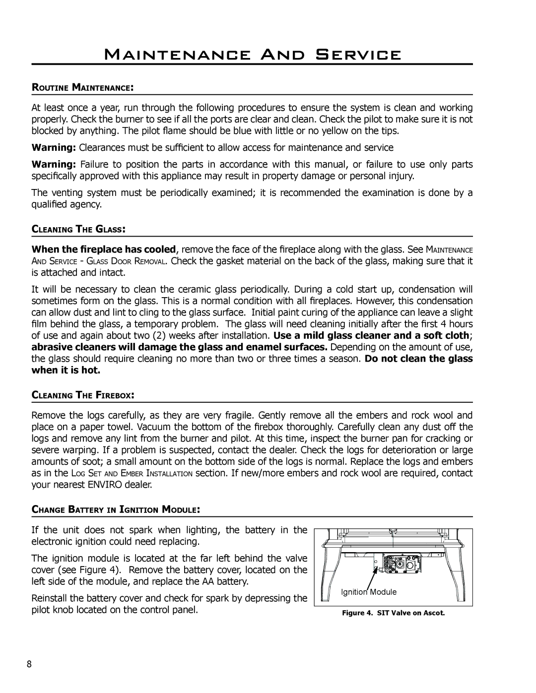 Enviro VENTED GAS FIREPLACE HEATER owner manual Maintenance And Service, SIT Valve on Ascot 