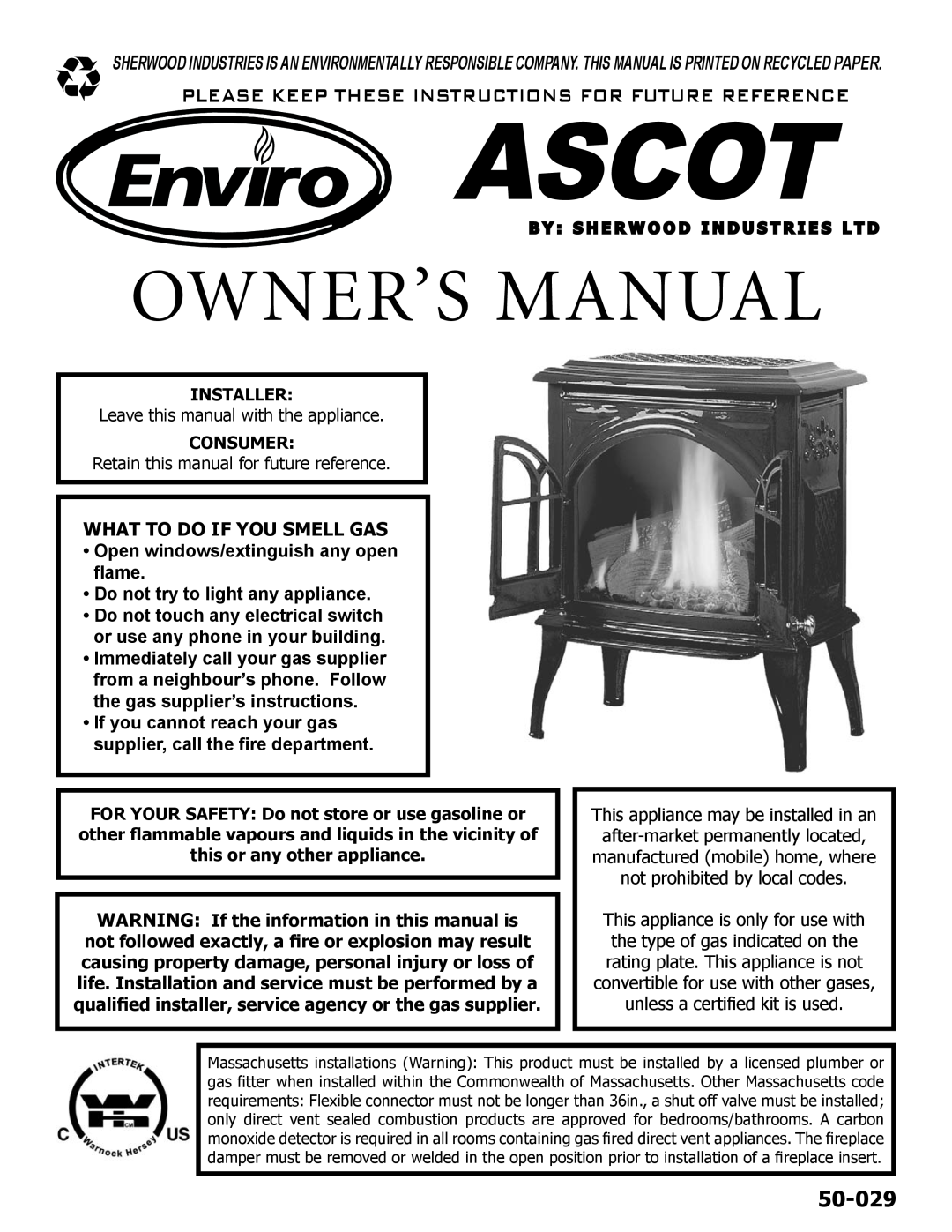 Enviro VENTED GAS FIREPLACE HEATER owner manual What To Do If You Smell Gas, Installer, Consumer, 50-029 