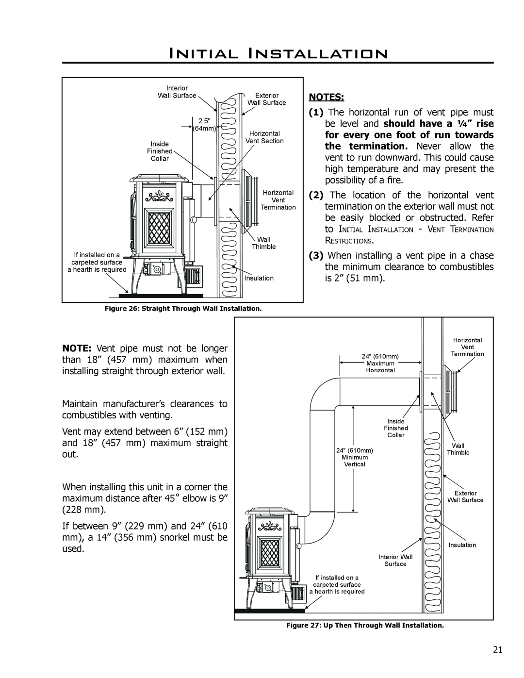 Enviro VENTED GAS FIREPLACE HEATER owner manual Initial Installation, Straight Through Wall Installation 