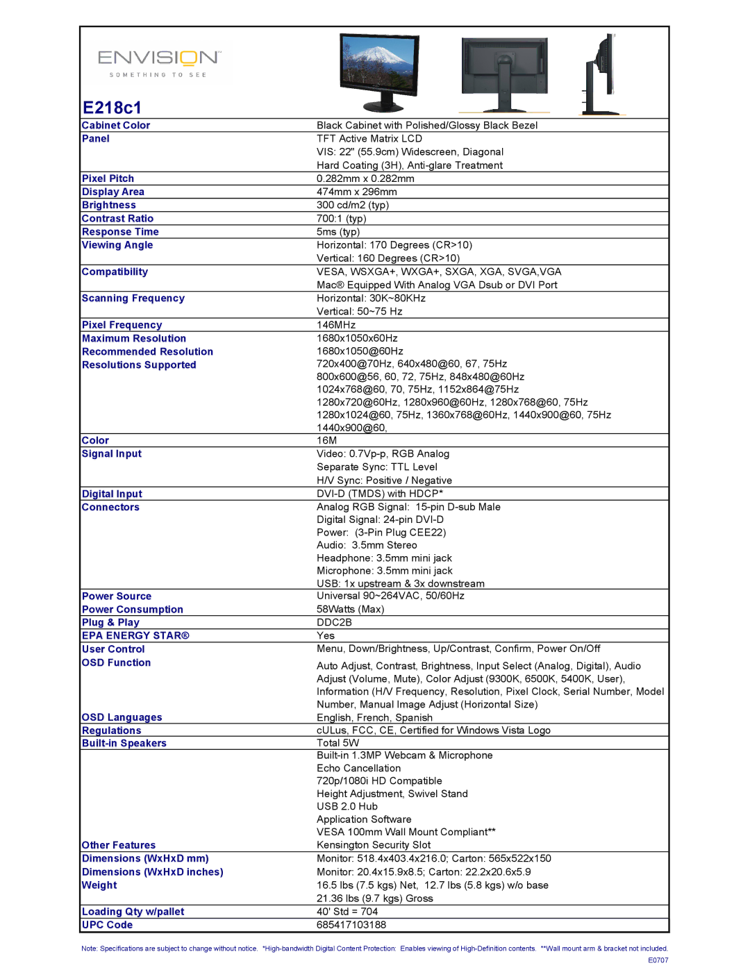 Envision Peripherals E218C1 dimensions Vesa, Wsxga+, Wxga+, Sxga, Xga, Svga,Vga, DDC2B 