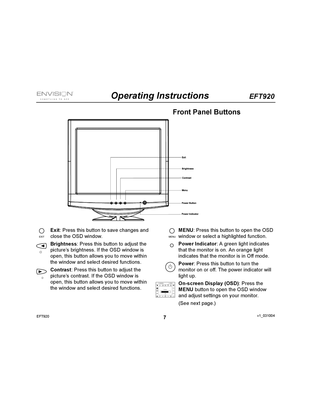 Envision Peripherals EFT920 user manual Operating Instructions, Front Panel Buttons 