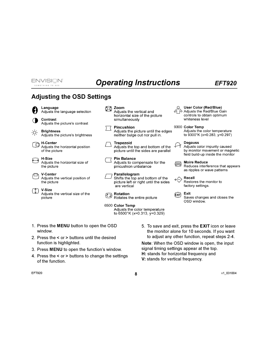 Envision Peripherals EFT920 user manual Adjusting the OSD Settings 