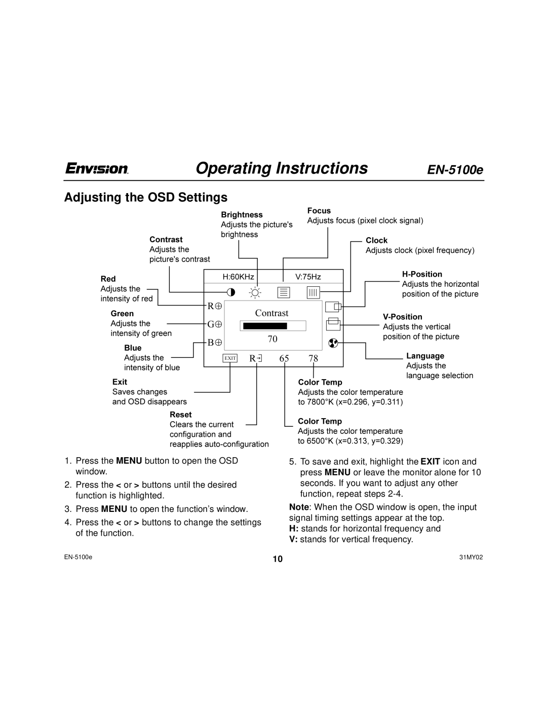 Envision Peripherals EN-5100E user manual Adjusting the OSD Settings 