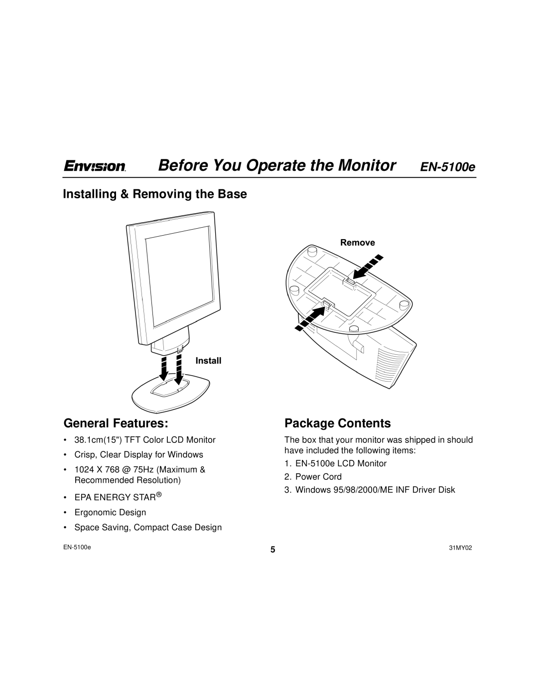 Envision Peripherals EN-5100E Before You Operate the Monitor EN-5100e, Installing & Removing the Base General Features 