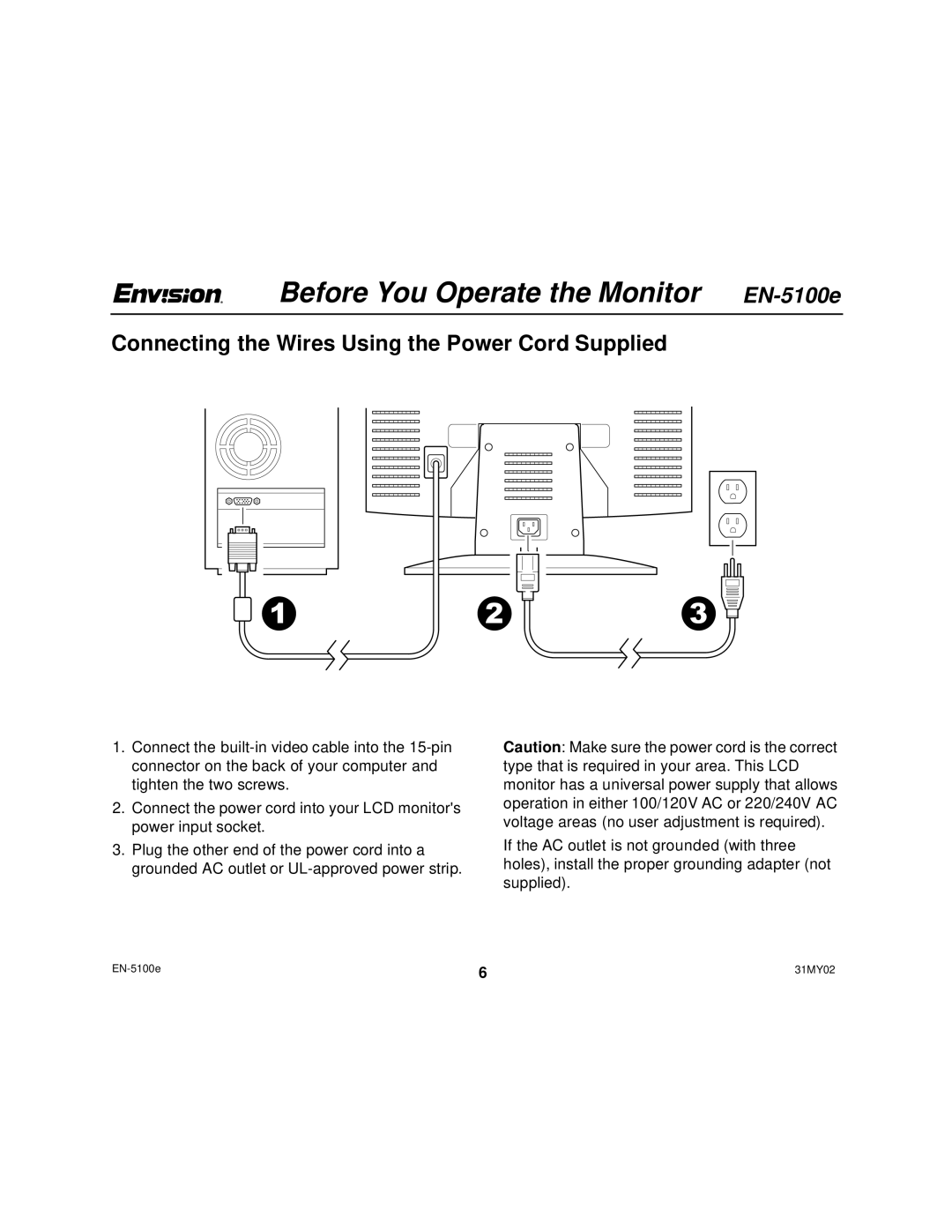 Envision Peripherals EN-5100E user manual Connecting the Wires Using the Power Cord Supplied 