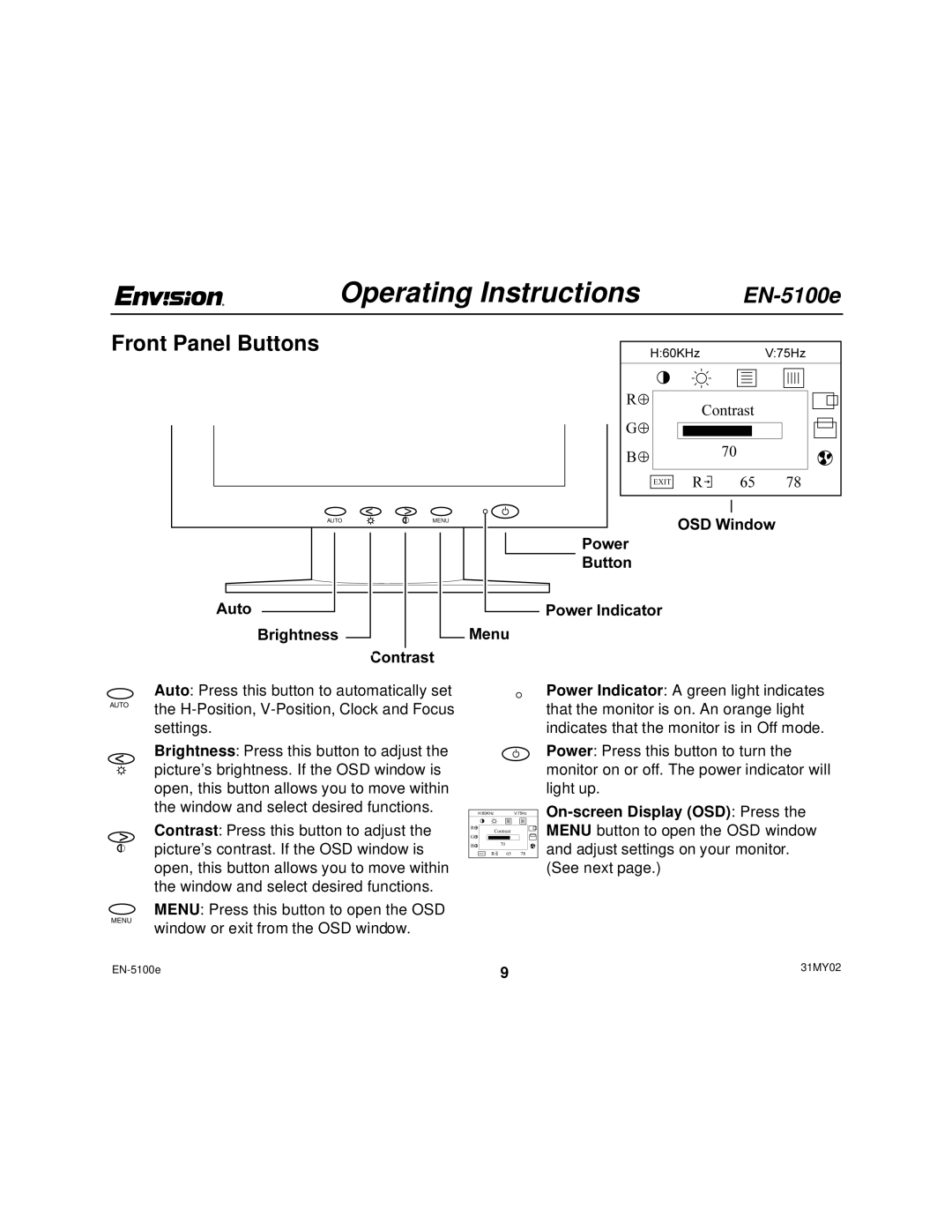 Envision Peripherals EN-5100E user manual Operating Instructions, Front Panel Buttons 