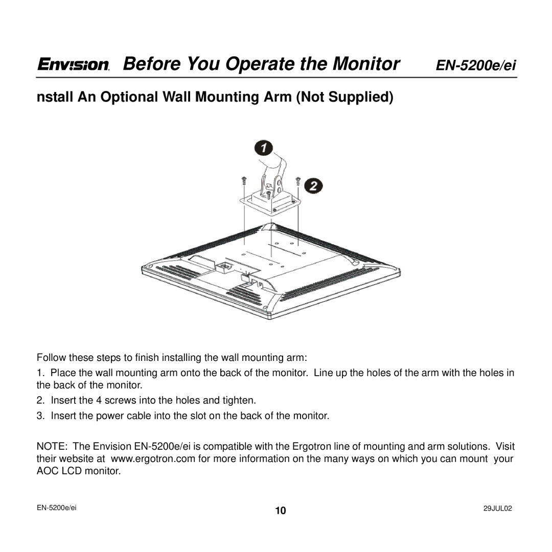 Envision Peripherals EN-5200e/ei user manual Nstall An Optional Wall Mounting Arm Not Supplied 