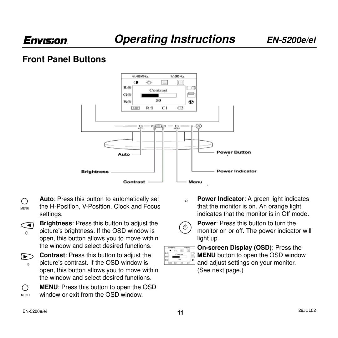 Envision Peripherals EN-5200e/ei user manual Operating Instructions, Front Panel Buttons 