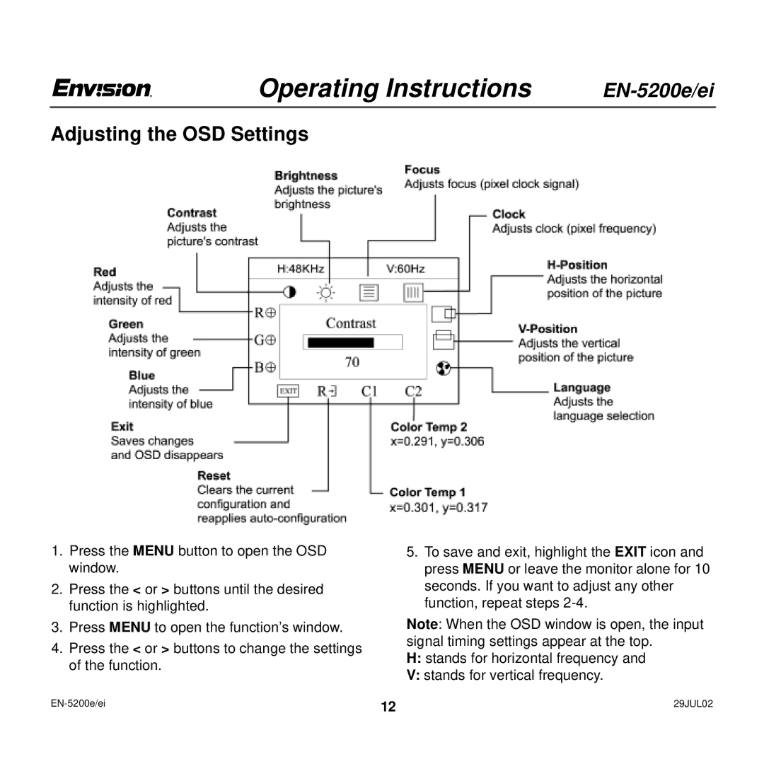 Envision Peripherals EN-5200e/ei user manual Adjusting the OSD Settings 