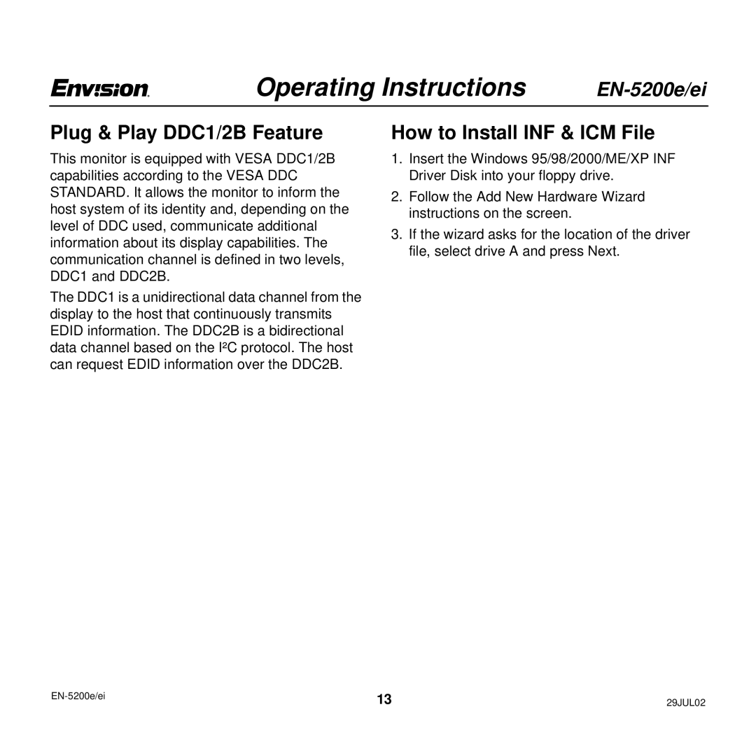 Envision Peripherals EN-5200e/ei user manual Plug & Play DDC1/2B Feature, How to Install INF & ICM File 