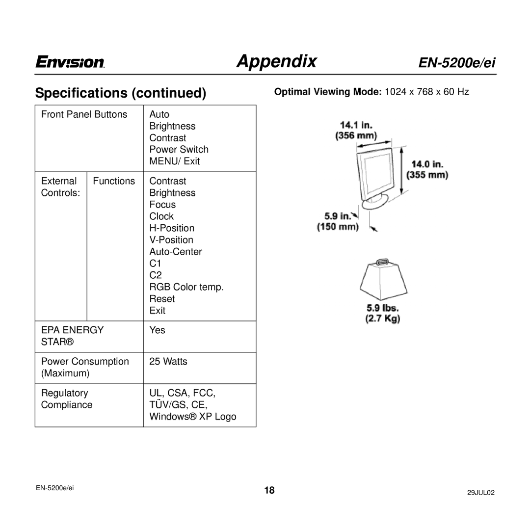 Envision Peripherals EN-5200e/ei user manual Appendix, Optimal Viewing Mode 1024 x 768 x 60 Hz 