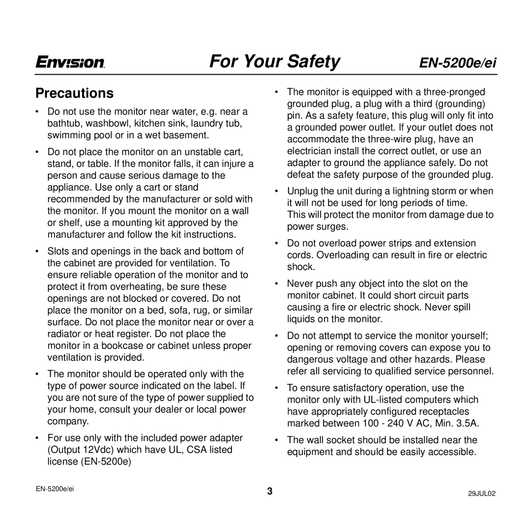 Envision Peripherals EN-5200e/ei user manual Precautions 