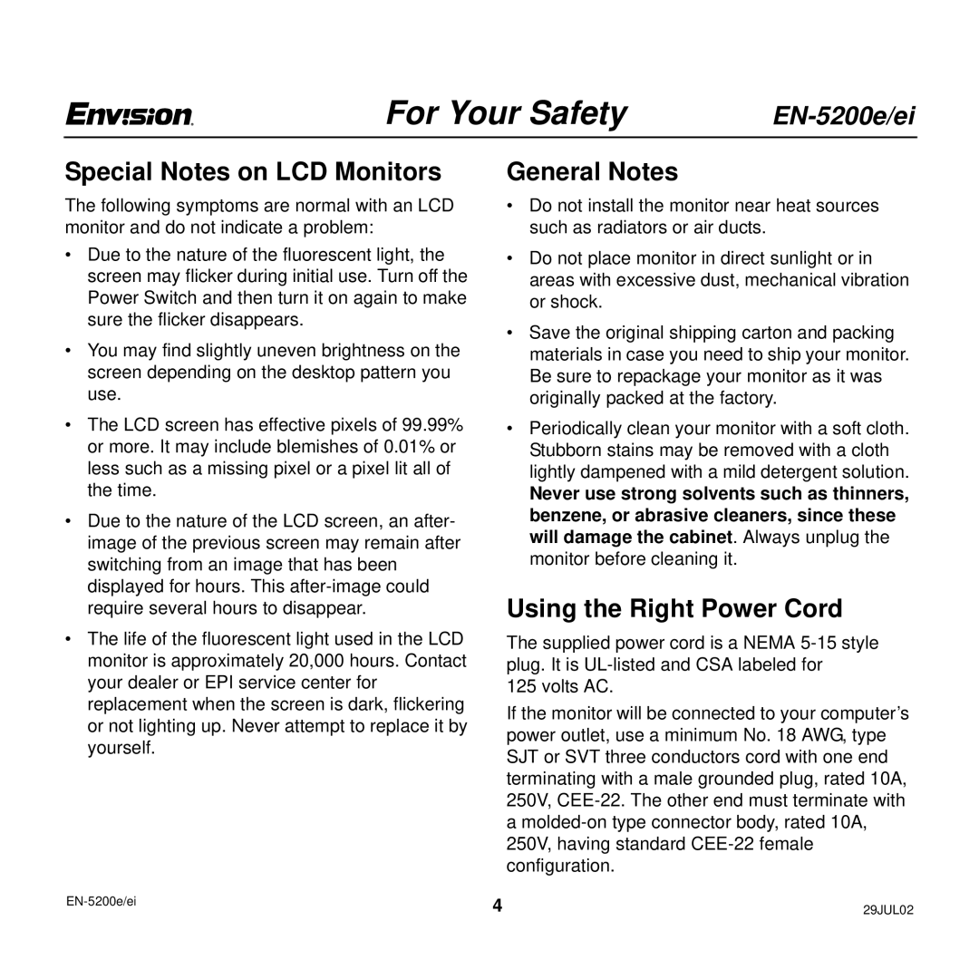 Envision Peripherals EN-5200e/ei user manual Special Notes on LCD Monitors, General Notes, Using the Right Power Cord 