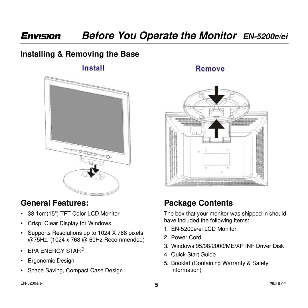 Envision Peripherals Before You Operate the Monitor EN-5200e/ei, Installing & Removing the Base General Features 