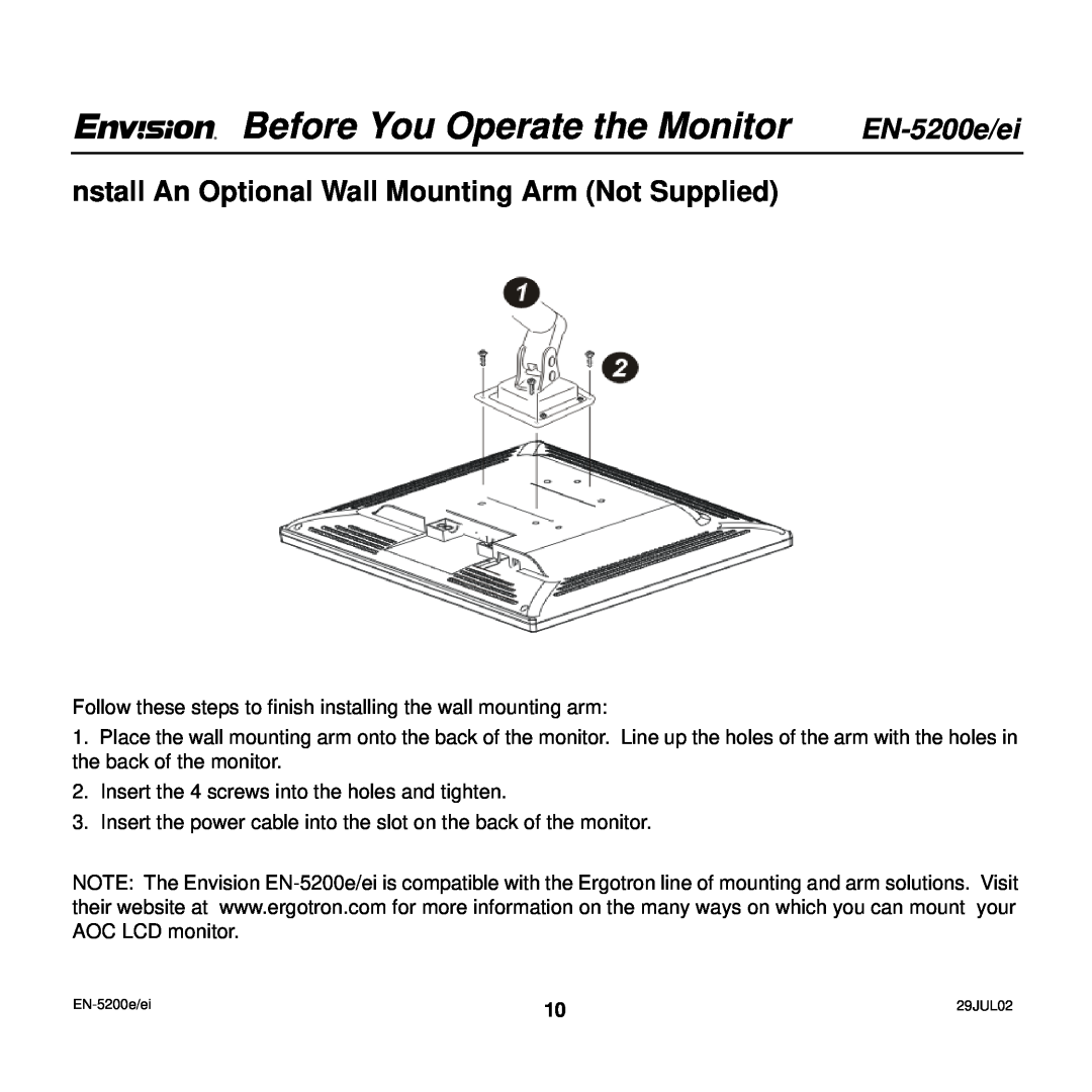 Envision Peripherals EN-5200e/ei nstall An Optional Wall Mounting Arm Not Supplied, Before You Operate the Monitor 