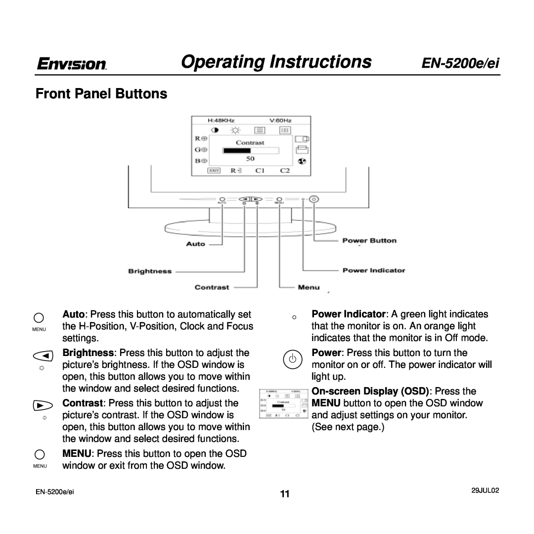 Envision Peripherals EN-5200e/ei user manual Operating Instructions, Front Panel Buttons 
