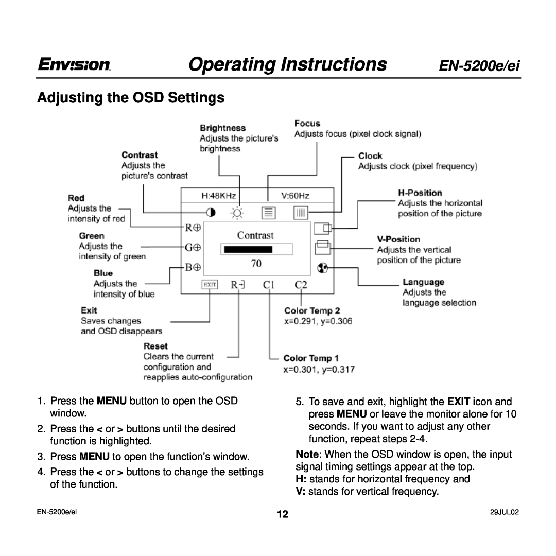 Envision Peripherals EN-5200e/ei user manual Adjusting the OSD Settings, Operating Instructions 