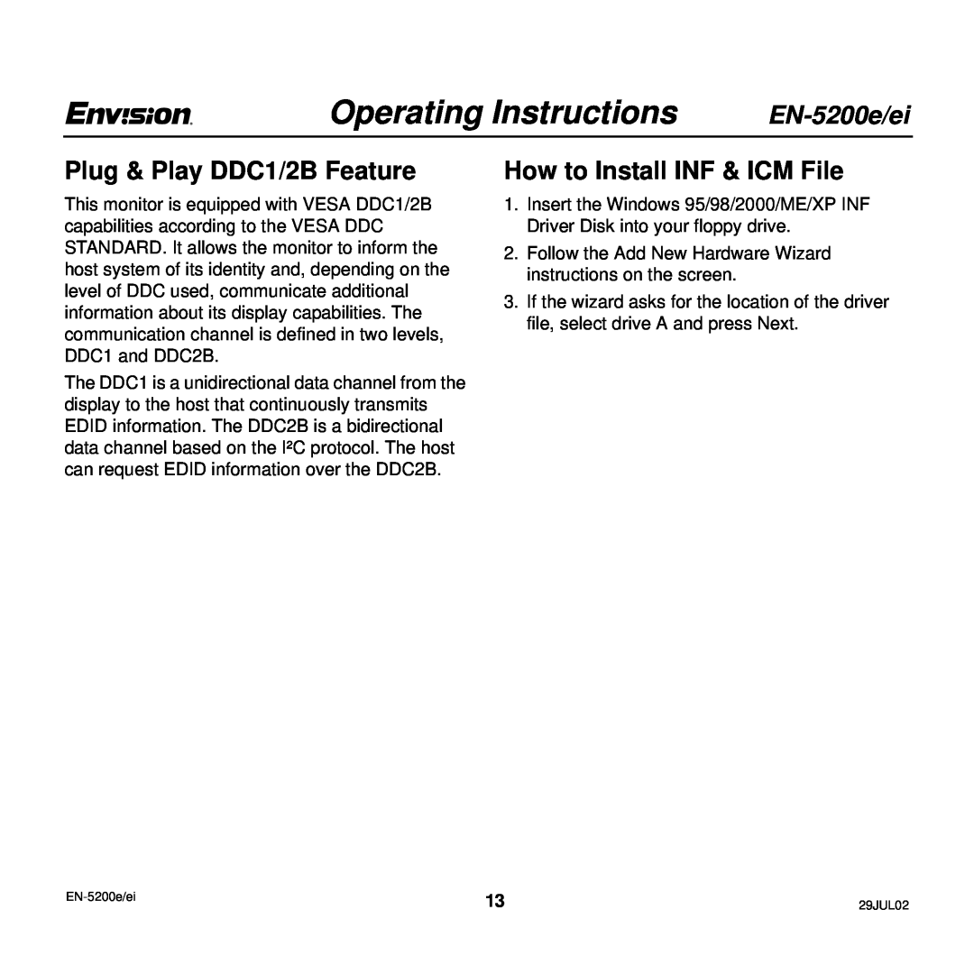 Envision Peripherals EN-5200e/ei Plug & Play DDC1/2B Feature, How to Install INF & ICM File, Operating Instructions 
