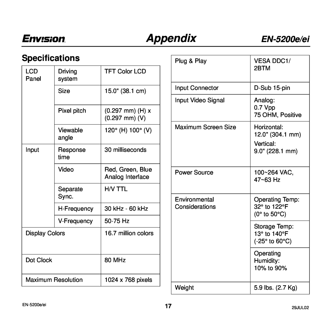 Envision Peripherals user manual AppendixEN-5200e/ei, Specifications 