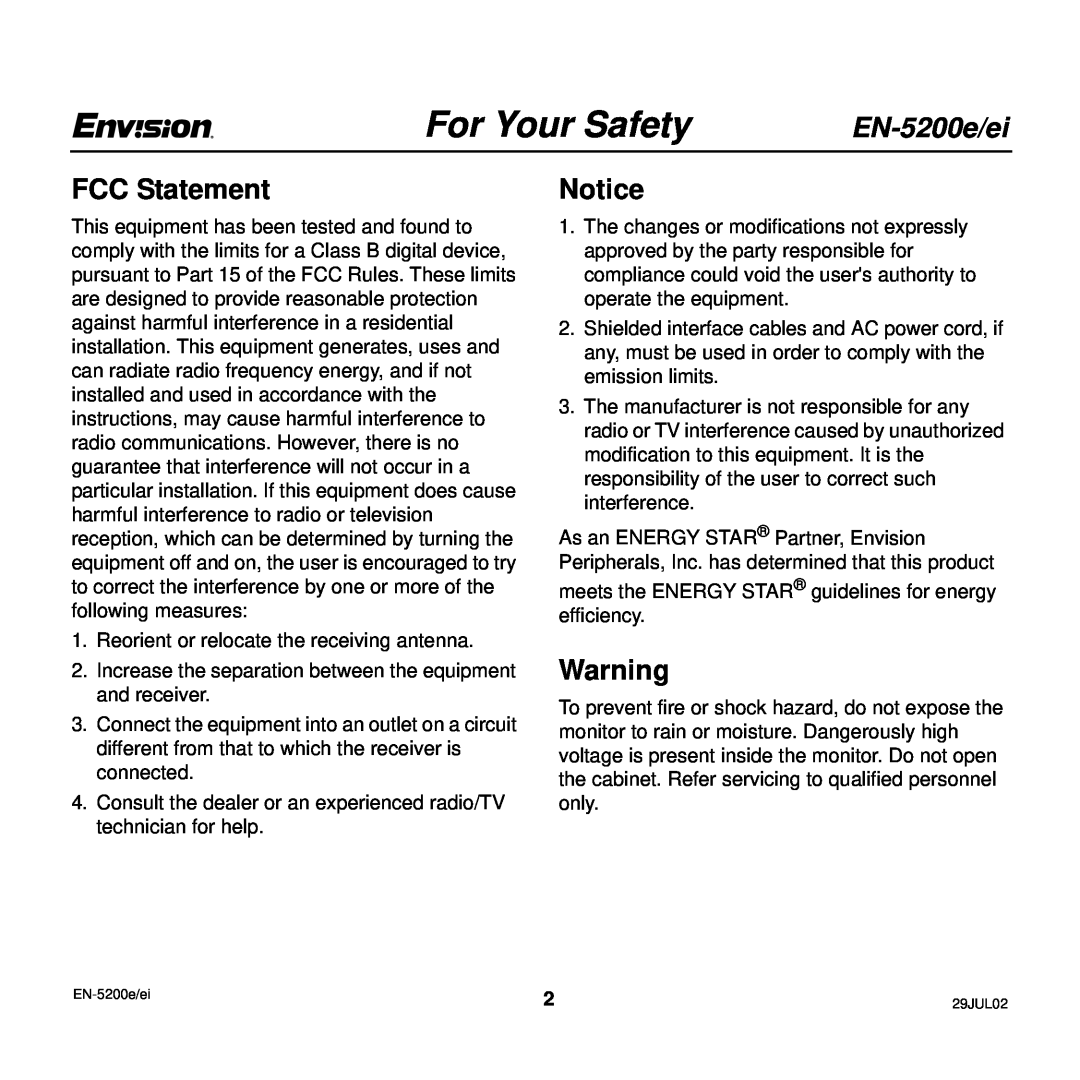 Envision Peripherals EN-5200e/ei user manual For Your Safety, FCC Statement 