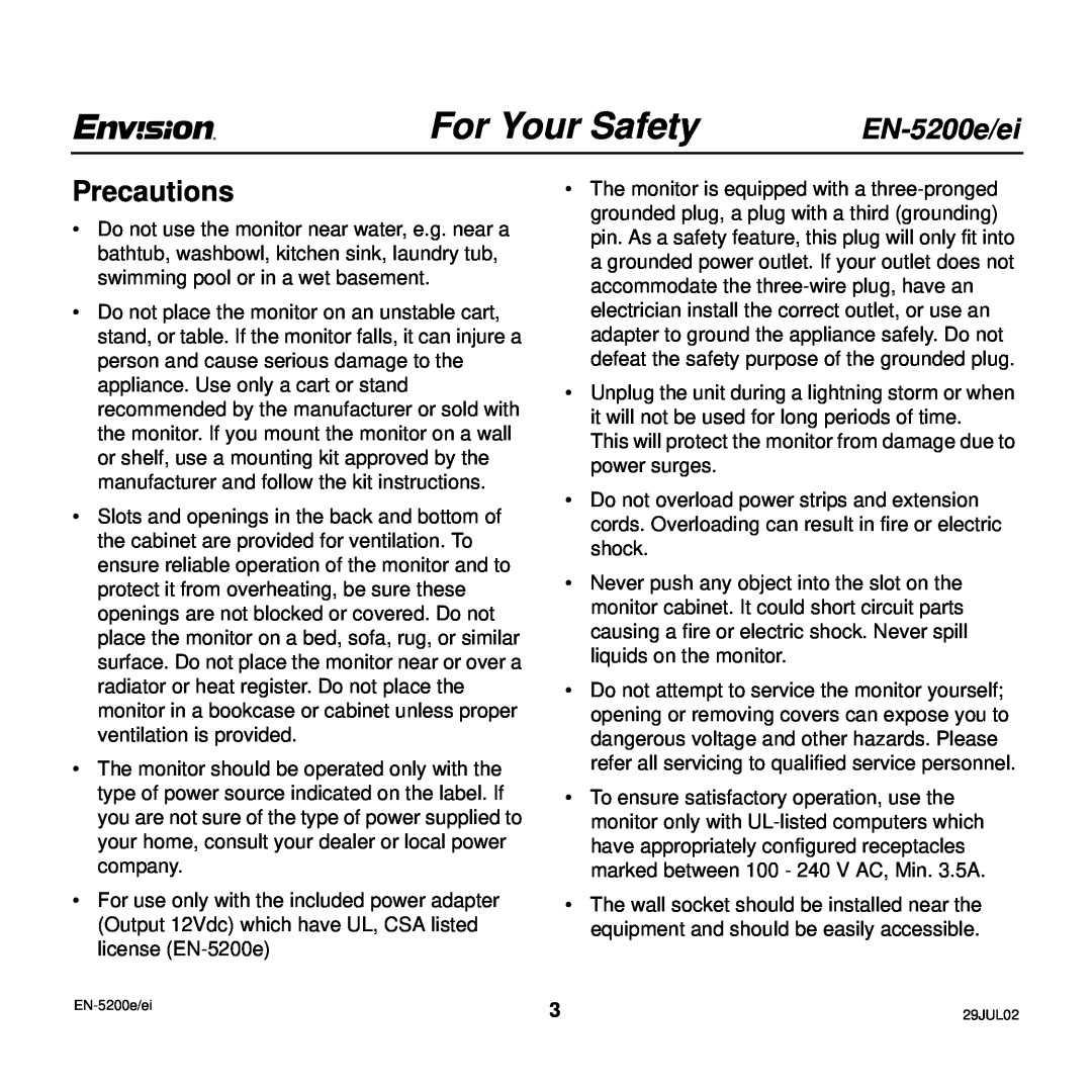 Envision Peripherals EN-5200e/ei user manual Precautions, For Your Safety 