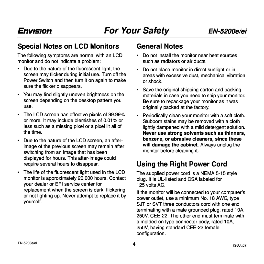 Envision Peripherals EN-5200e/ei Special Notes on LCD Monitors, General Notes, Using the Right Power Cord, For Your Safety 
