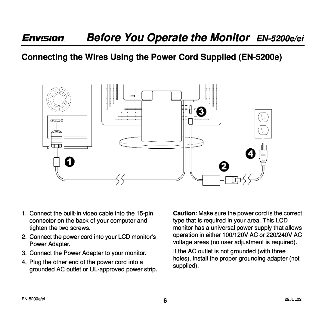 Envision Peripherals EN-5200e/ei user manual Connecting the Wires Using the Power Cord Supplied EN-5200e 