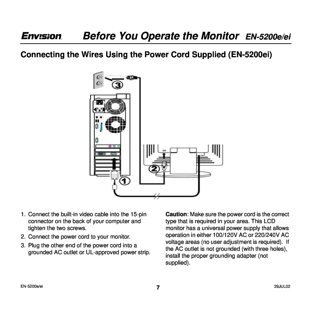 Envision Peripherals EN-5200e/ei user manual Connecting the Wires Using the Power Cord Supplied EN-5200ei 