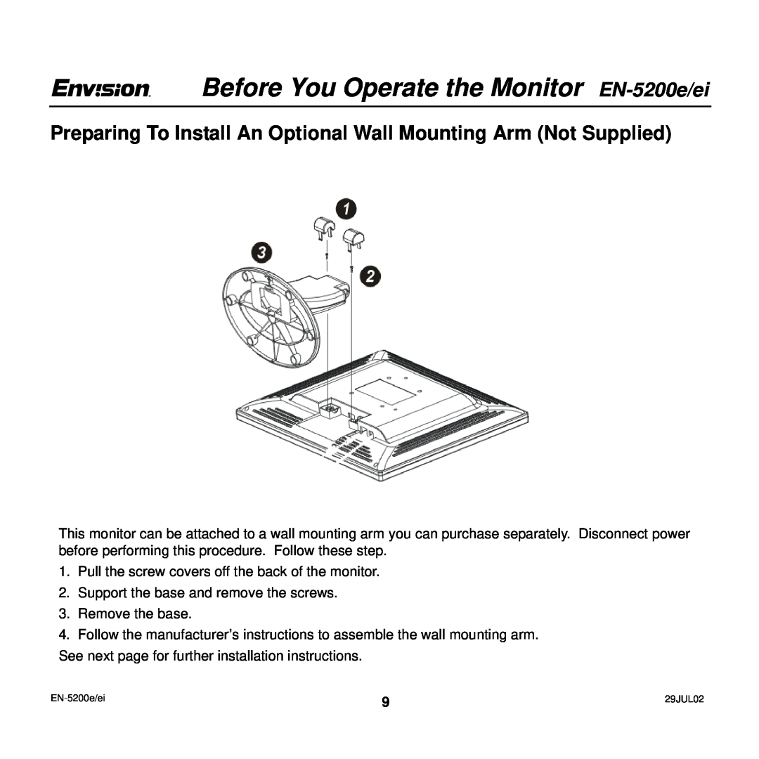 Envision Peripherals EN-5200e/ei user manual Preparing To Install An Optional Wall Mounting Arm Not Supplied 