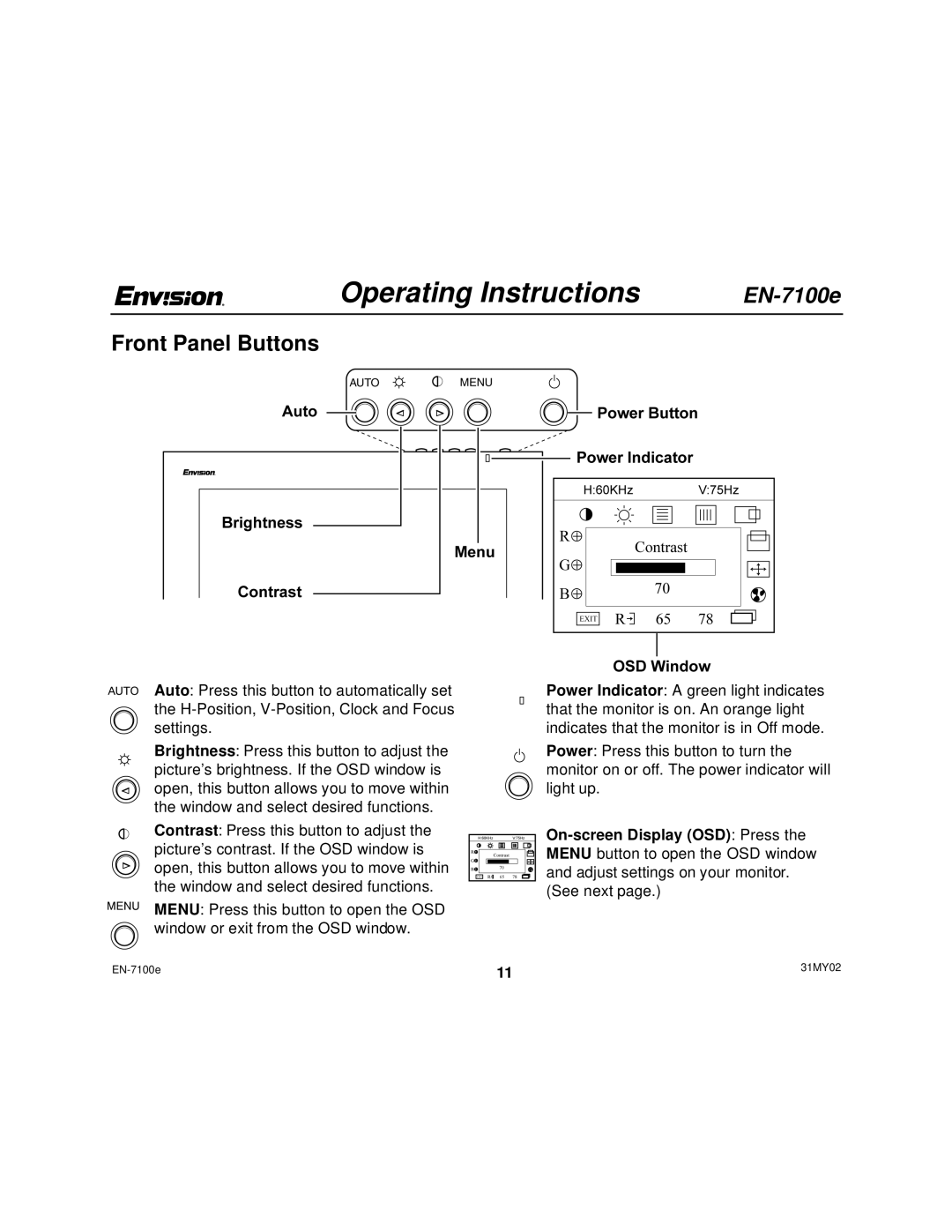 Envision Peripherals EN-7100e user manual Operating Instructions, Front Panel Buttons 