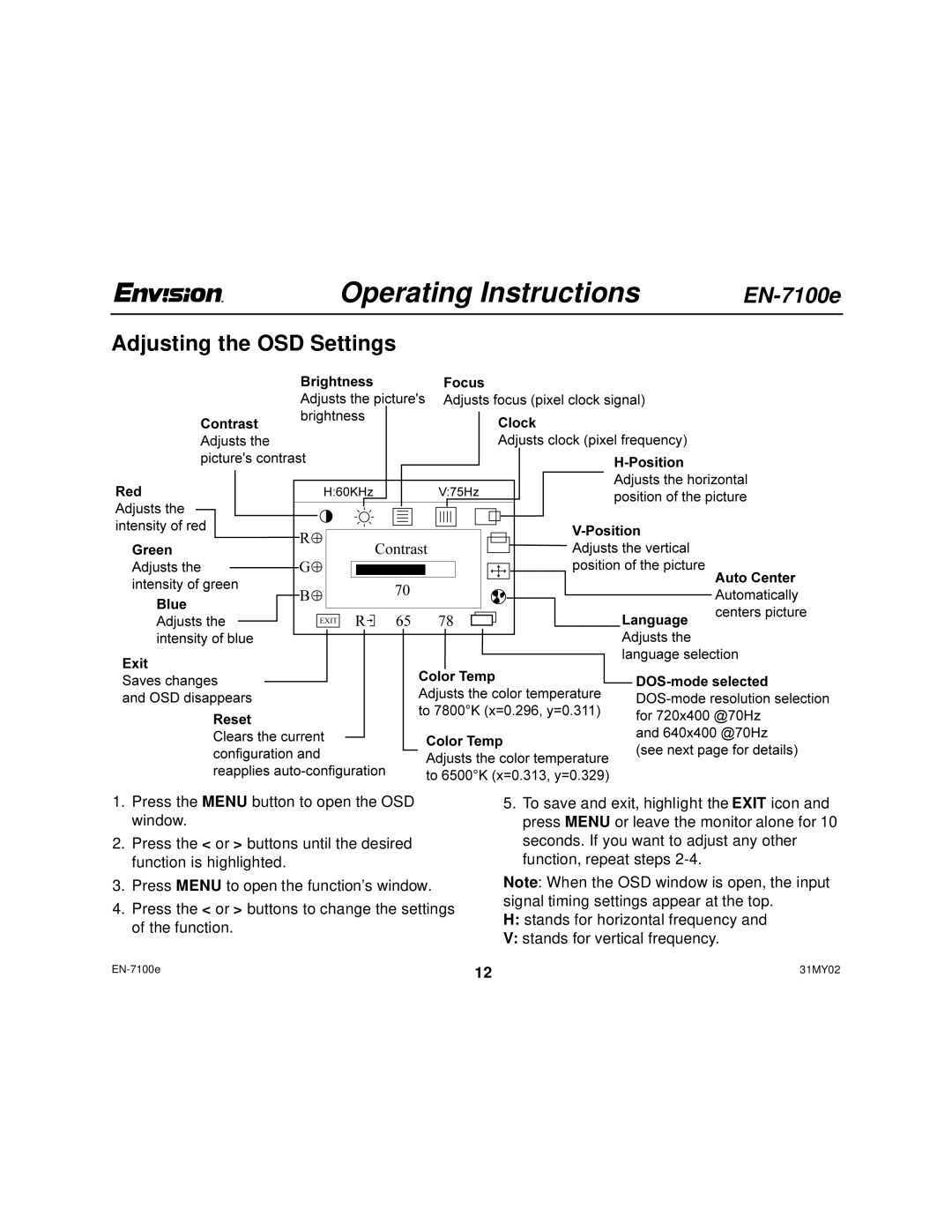 Envision Peripherals EN-7100e user manual Adjusting the OSD Settings 