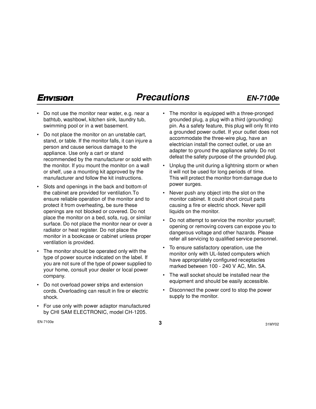 Envision Peripherals user manual PrecautionsEN-7100e 