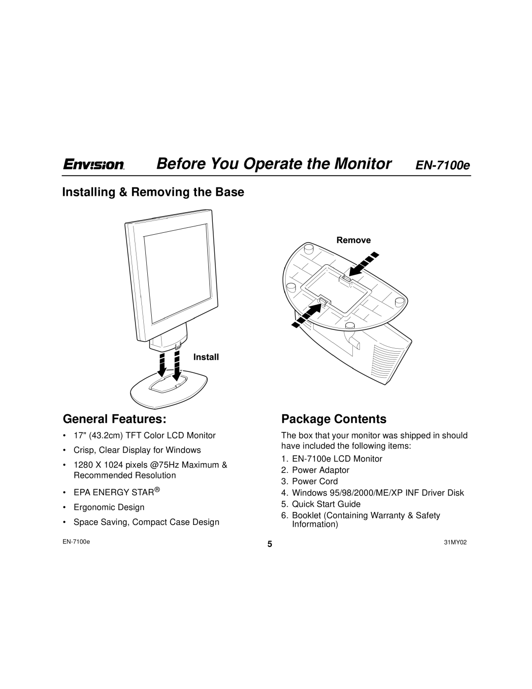 Envision Peripherals Before You Operate the Monitor EN-7100e, Installing & Removing the Base General Features 