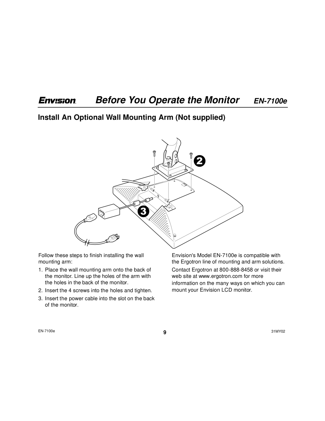 Envision Peripherals EN-7100e user manual Install An Optional Wall Mounting Arm Not supplied 