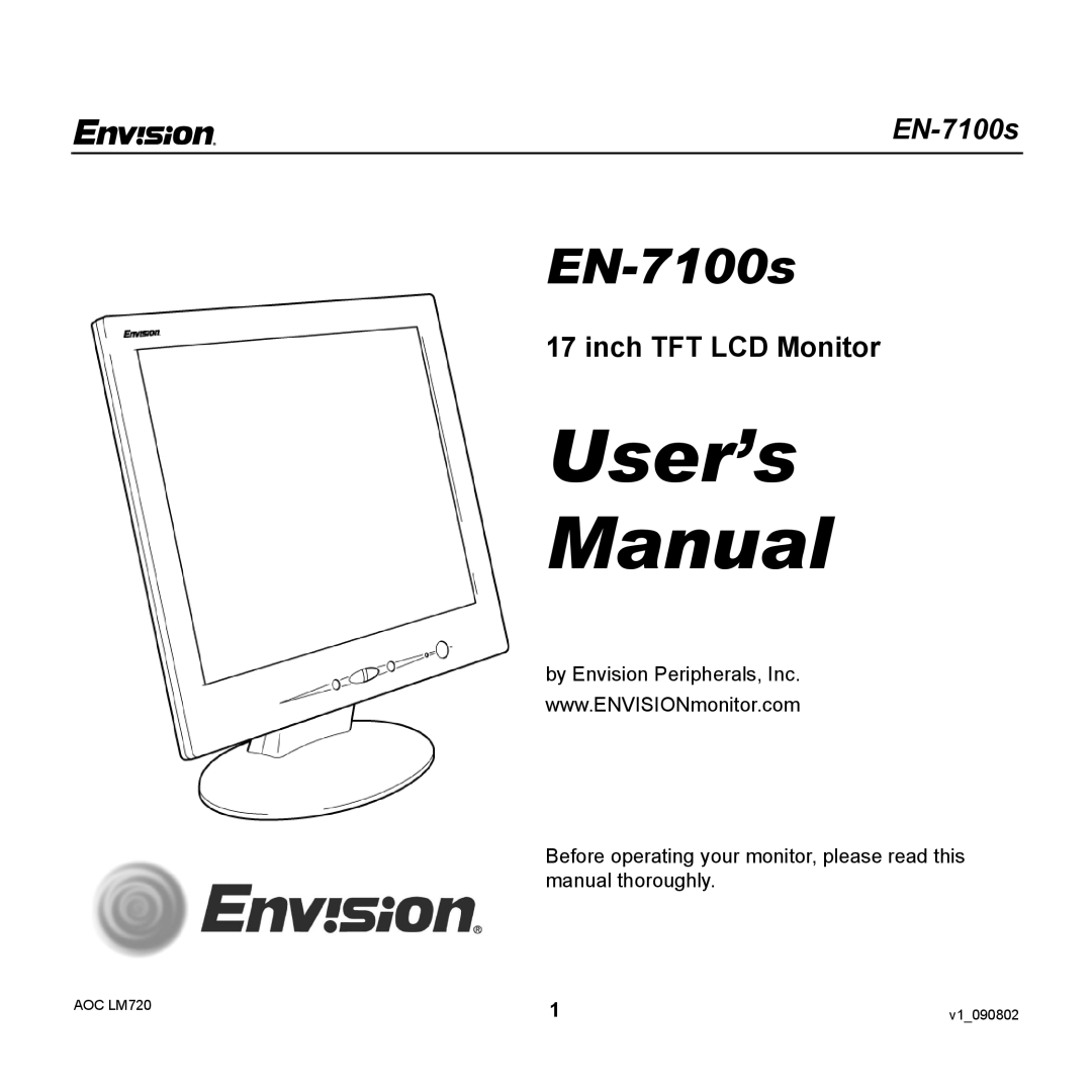 Envision Peripherals EN-7100S user manual User’s Manual, Inch TFT LCD Monitor 