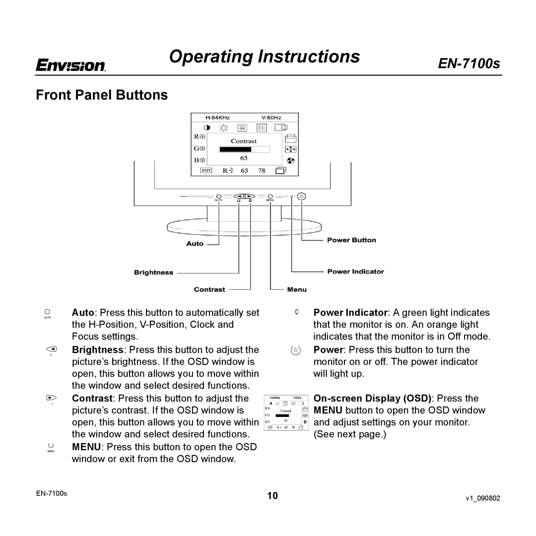 Envision Peripherals EN-7100S user manual Operating Instructions, Front Panel Buttons 