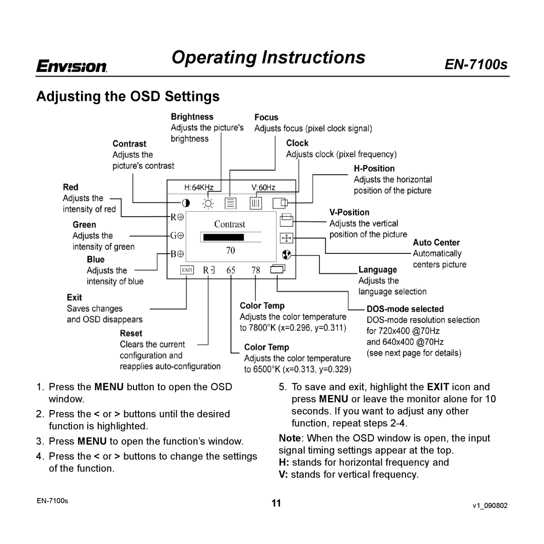 Envision Peripherals EN-7100S user manual Adjusting the OSD Settings 