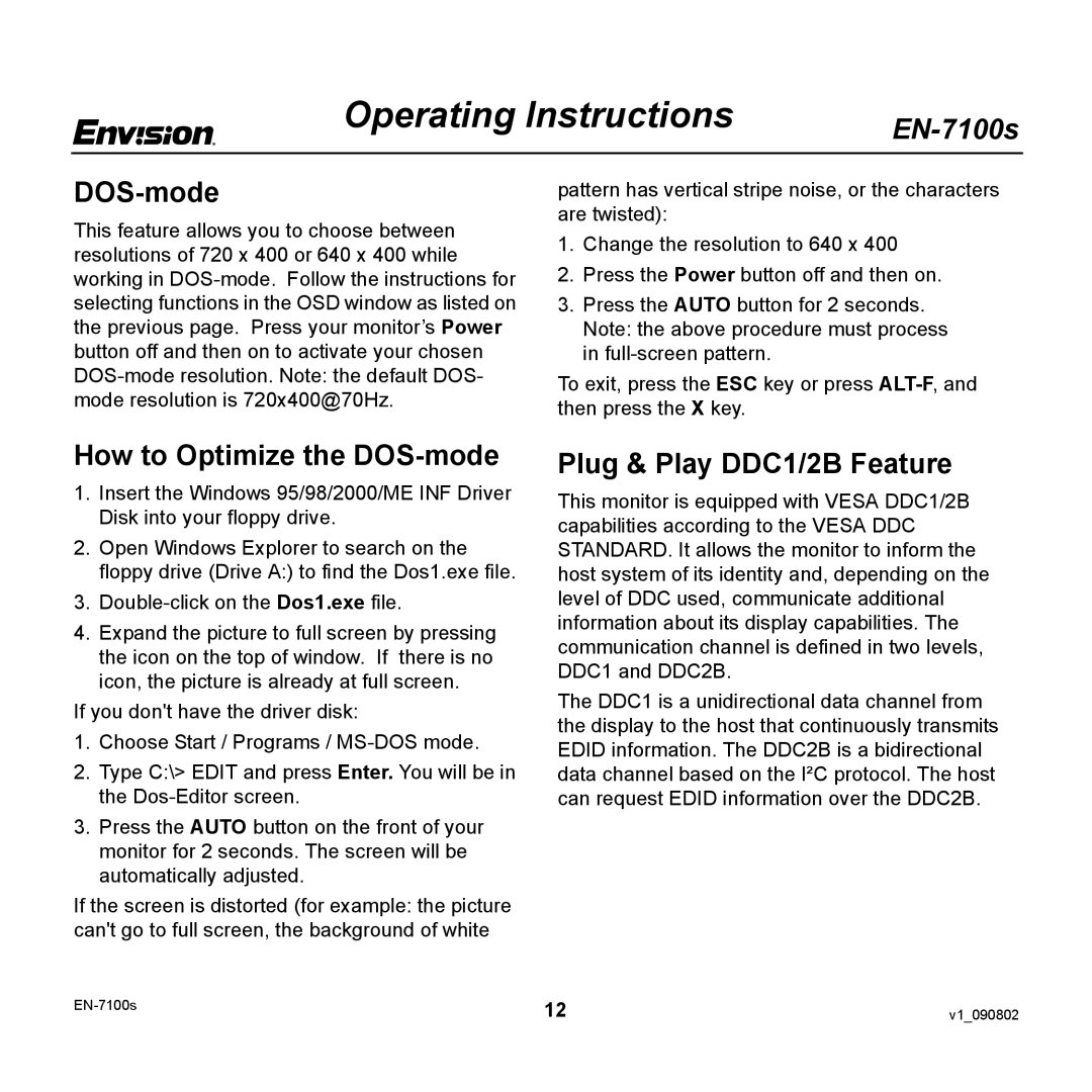 Envision Peripherals EN-7100S user manual How to Optimize the DOS-mode, Plug & Play DDC1/2B Feature 