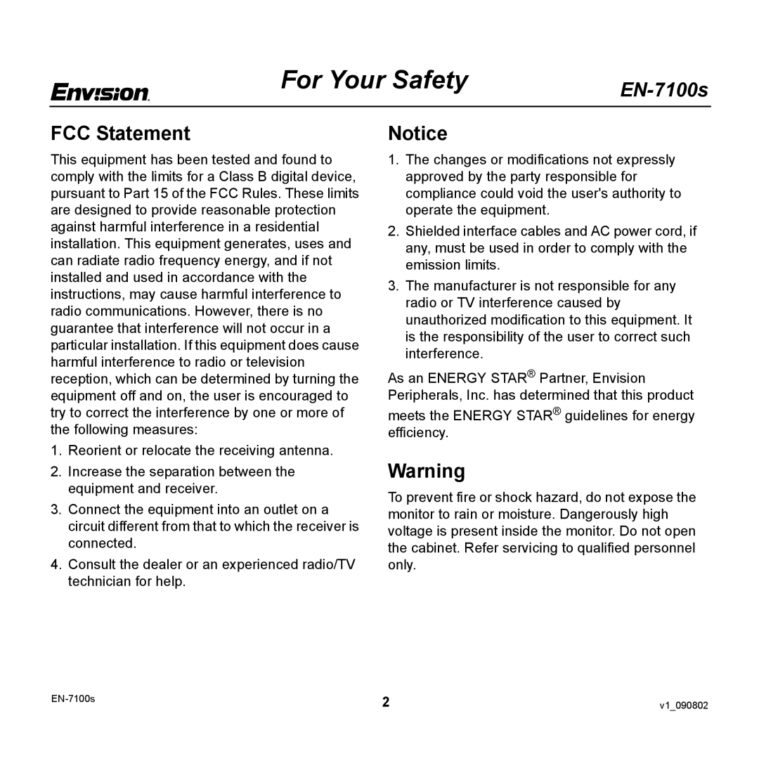 Envision Peripherals EN-7100S user manual For Your Safety, FCC Statement 