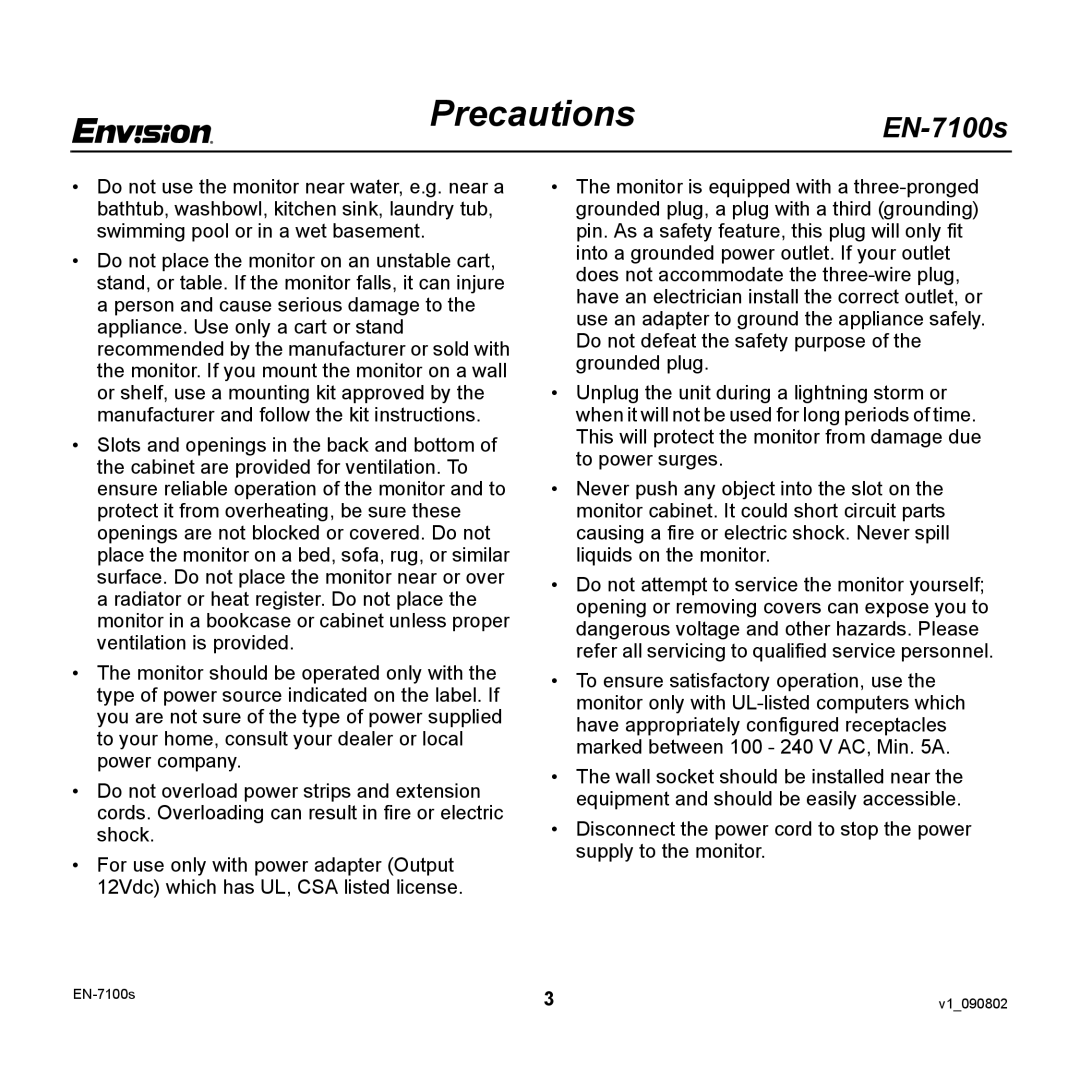 Envision Peripherals EN-7100S user manual Precautions 