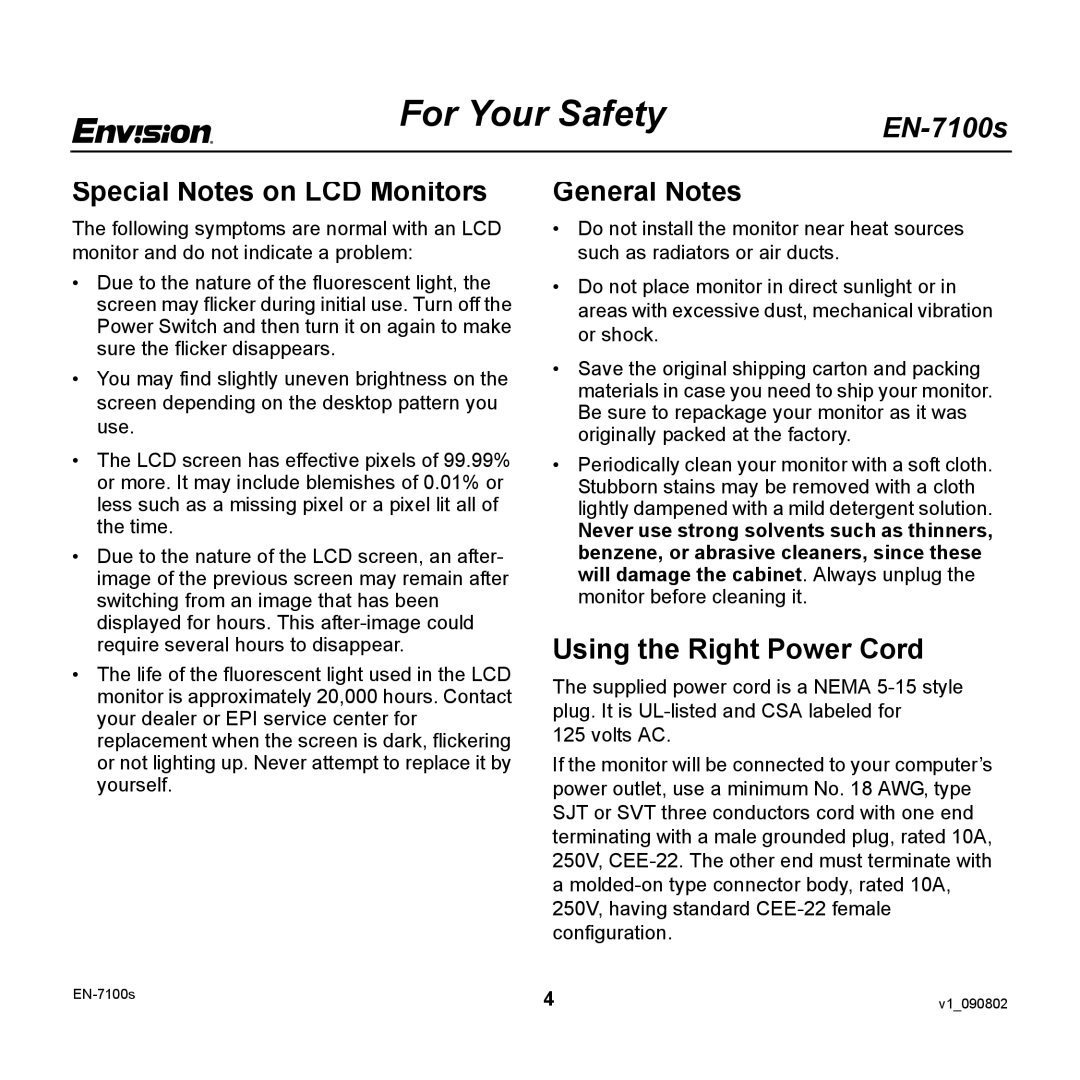 Envision Peripherals EN-7100S user manual Special Notes on LCD Monitors, General Notes, Using the Right Power Cord 