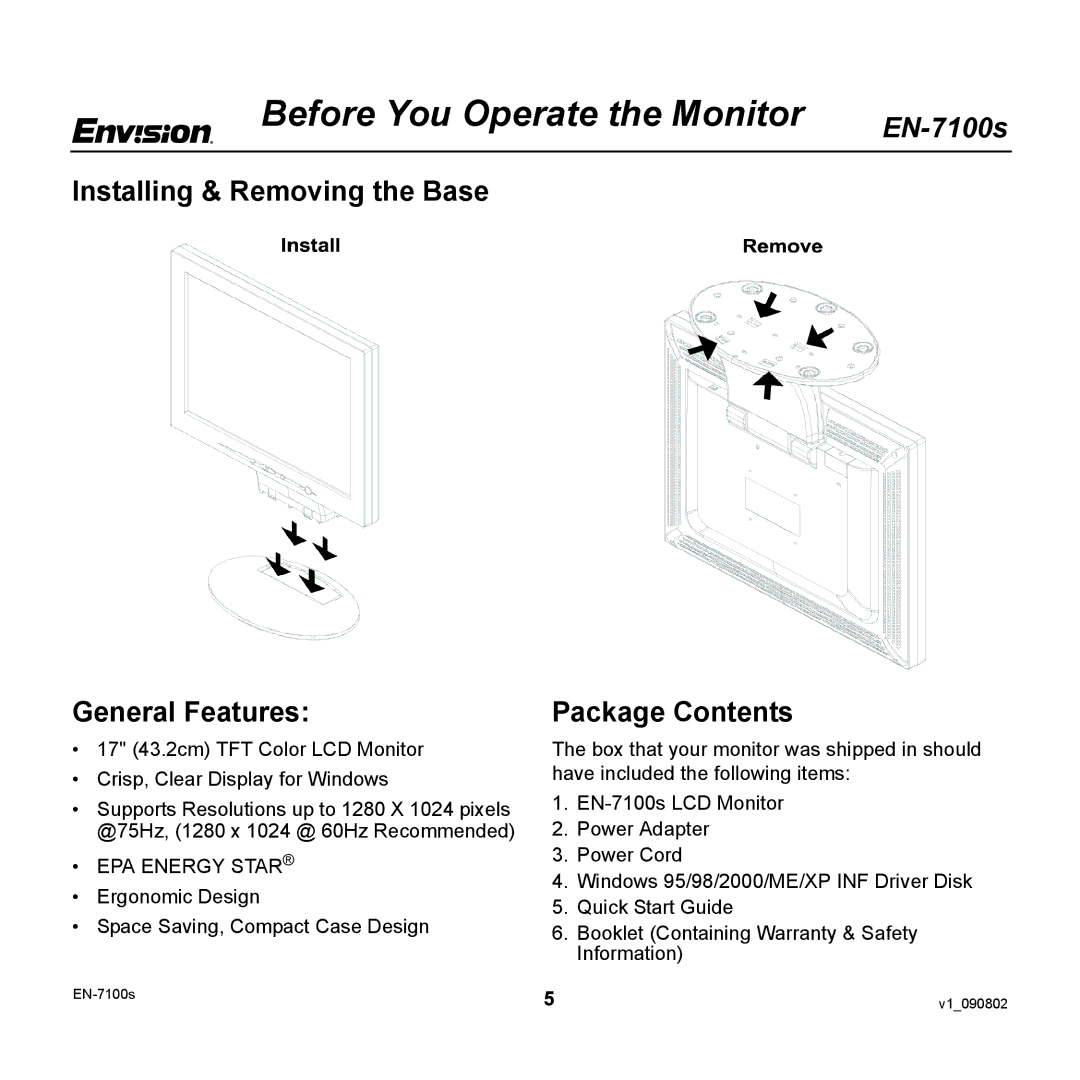 Envision Peripherals EN-7100S user manual Before You Operate the Monitor, Installing & Removing the Base General Features 