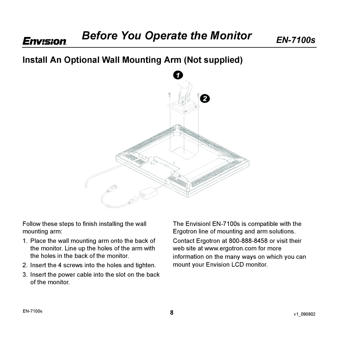 Envision Peripherals EN-7100S user manual Install An Optional Wall Mounting Arm Not supplied 