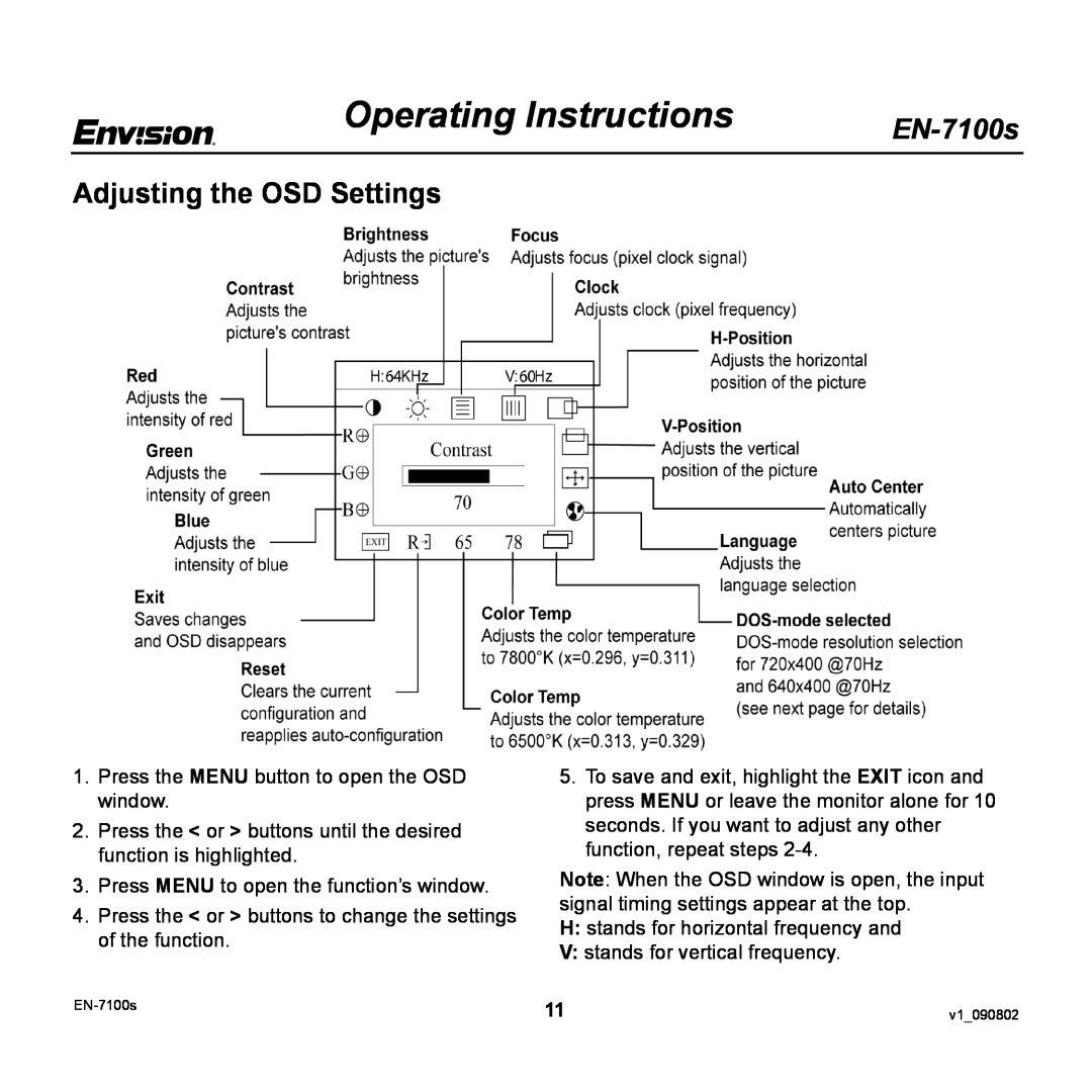 Envision Peripherals EN-7100S user manual Adjusting the OSD Settings, Operating Instructions, EN-7100s 