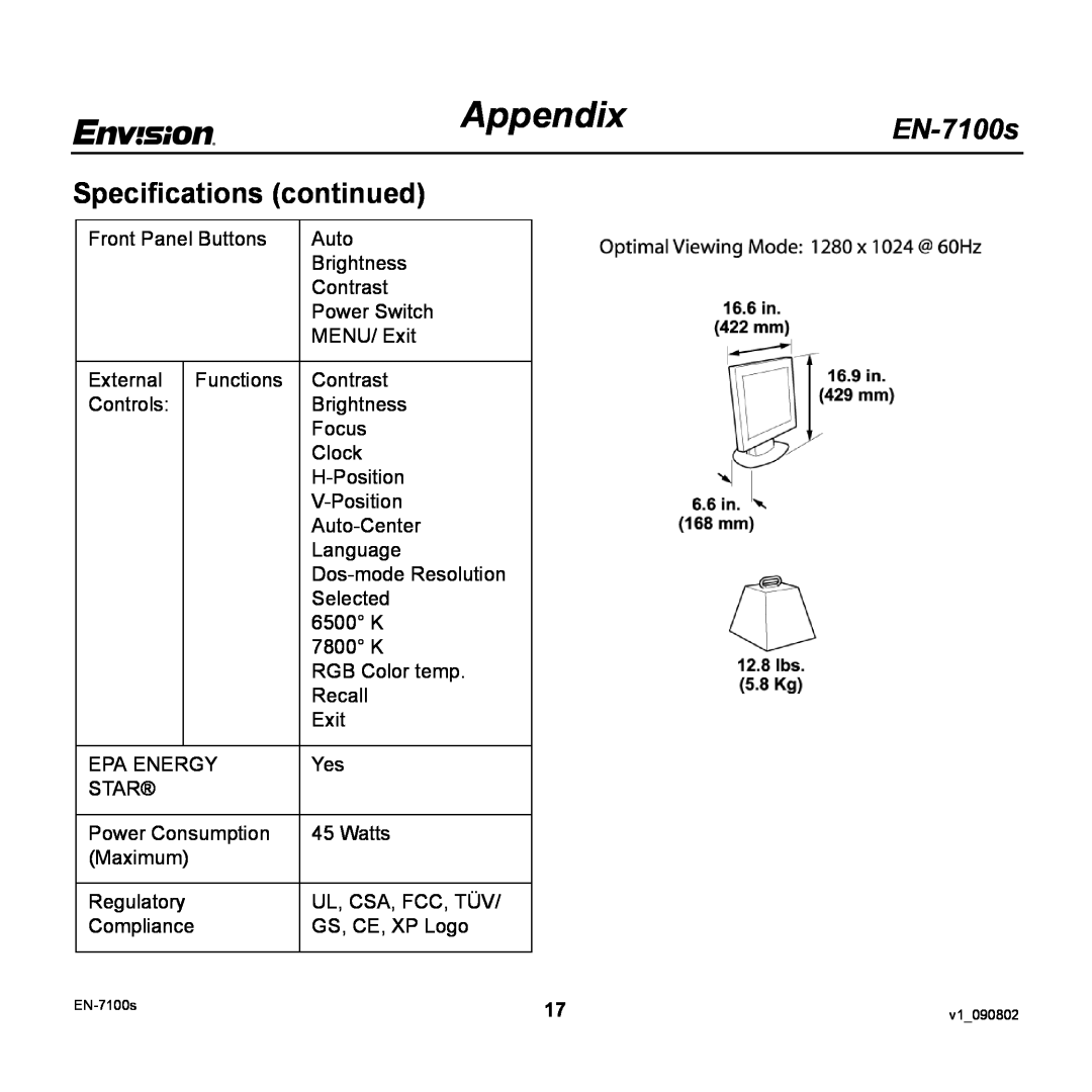 Envision Peripherals EN-7100S user manual Specifications continued, Appendix, EN-7100s 